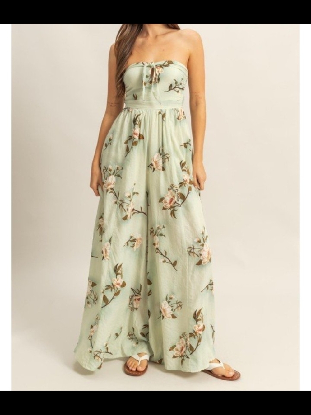Strapless Floral Jump Suit in Sage Green. Wide Legged.